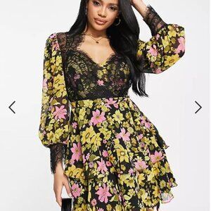 ASOS DESIGN FUN GIRLS NIGHT OUT DRESS IN VIBRANT FLORAL PRINT WITH LACE OVERLAY